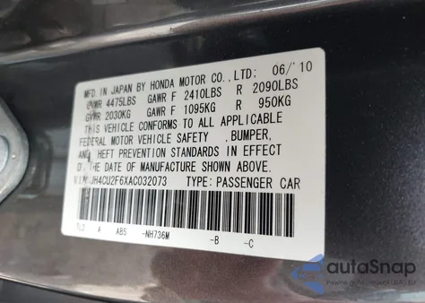 2010 Acura Tsx 2.4 из США, поврежденный, VIN JH4CU2F6XAC032073